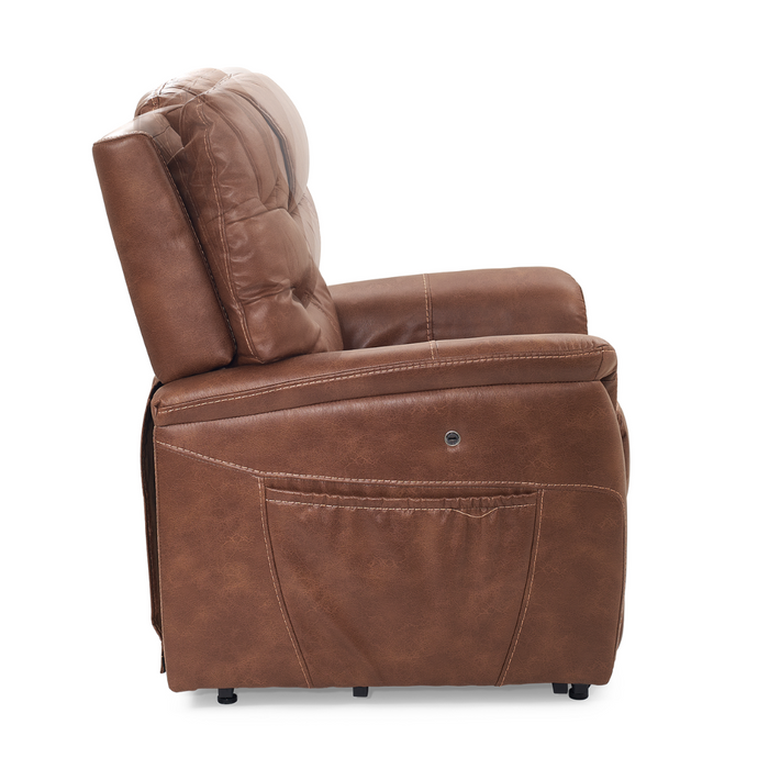 Relax in the Golden Tech PR446 DeLuna™ Dione Recliner. Made of brown leather, it offers visible stitching, a tufted backrest, padded armrests, and a side pocket. The programmable AutoDrive hand control allows effortless MaxiComfort positioning tailored to you.