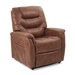 The Golden Tech PR446 DeLuna™ Dione Recliner offers a plush brown leather chair with cushioned back and armrests, a storage side pocket, and Programmable AutoDrive Hand Control for MaxiComfort Positioning. Ideal for any living room, it combines style with lift assist functionality.