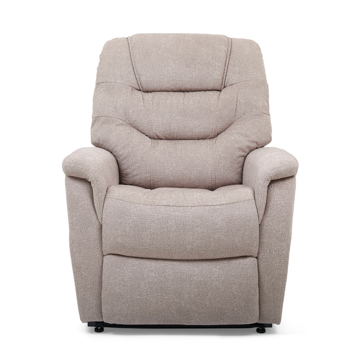 The Golden Tech PR446 DeLuna™ Dione Recliner in beige offers plush upholstery, a high back, cushioned armrests, and includes the Programmable AutoDrive Hand Control for customizable comfort.