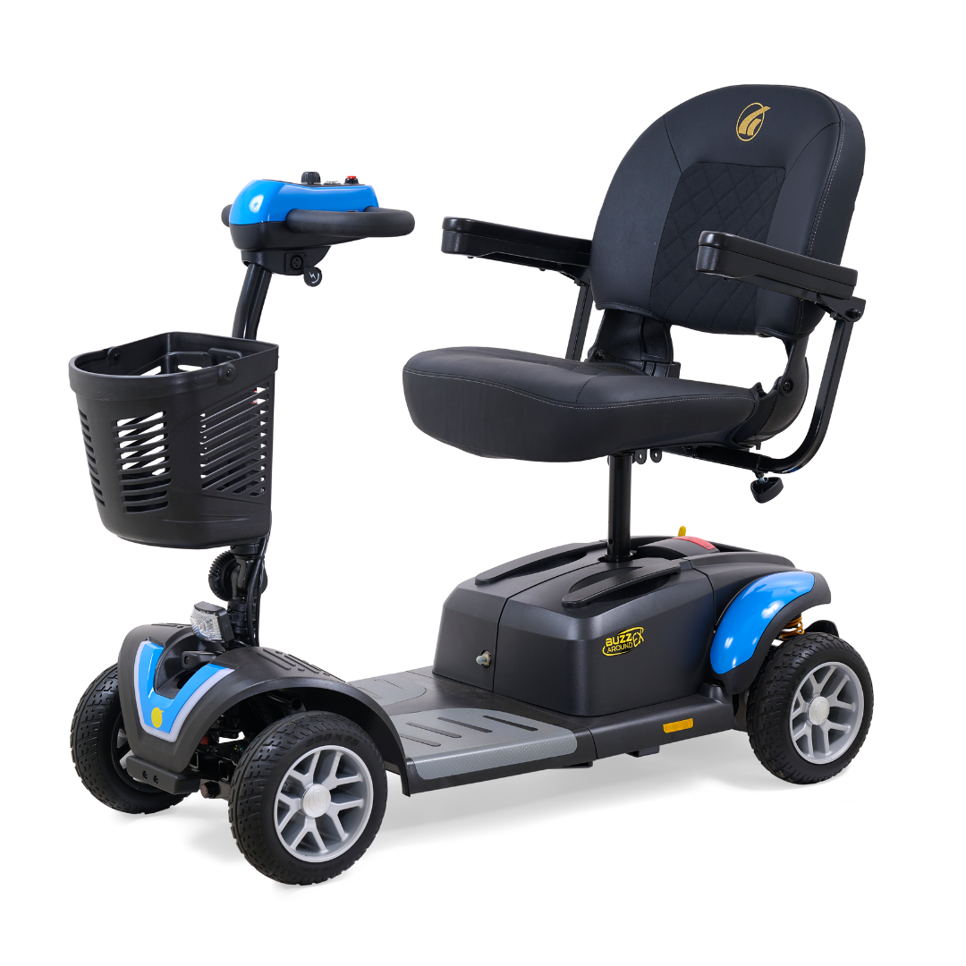 The Golden Tech GB148 Buzzaround EX Portable Mobility Scooter features a black cushioned seat with armrests, a front basket, blue side detailing, and handlebars with controls—offering compact, lightweight personal mobility assistance.