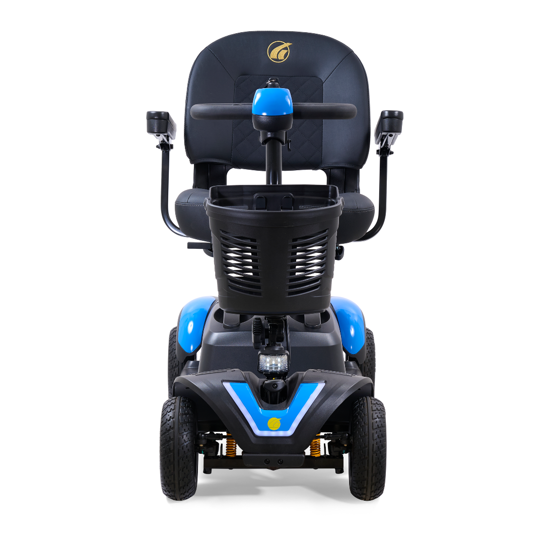 Front view of the Golden Tech GB148 Buzzaround EX Portable Mobility Scooter in blue and black, featuring a wide seat with headrest logo, armrests, control panel, four wheels, and a front basket.