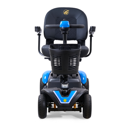 Front view of the Golden Tech GB148 Buzzaround EX Portable Mobility Scooter in blue and black, featuring a wide seat with headrest logo, armrests, control panel, four wheels, and a front basket.