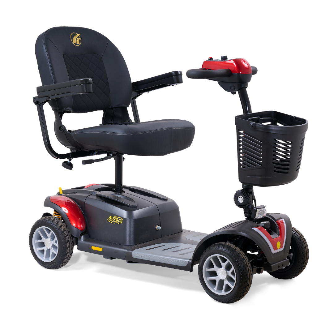 The Golden Tech GB148 Buzzaround EX Portable Mobility Scooter features a black and red four-wheel design with a cushioned seat, armrests, and a front basket for comfortable, portable personal transportation.
