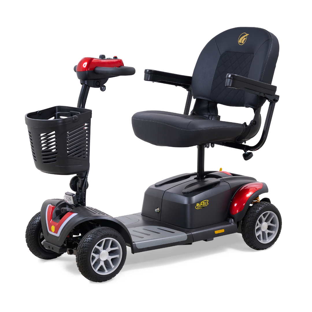The Golden Tech GB148 Buzzaround EX Portable Mobility Scooter is a full-size scooter with a black seat, armrests, red accents, and a front storage basket—perfect for comfortable and dependable personal transport.