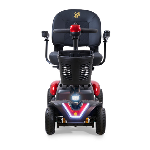 Front view of a Golden Tech GB148 Buzzaround EX Portable Mobility Scooter in red and black with LED lights, four wheels, padded seat with armrests, steering handlebar, and modern design; travels up to 18 miles per charge.