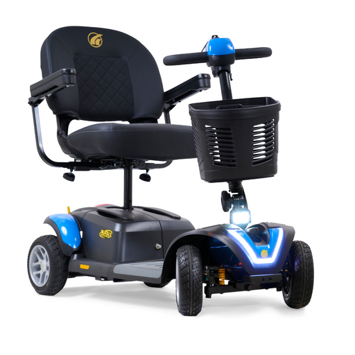 The Golden Tech GB148 Buzzaround EX Portable Mobility Scooter in black and blue features a cushioned seat, armrests, front basket, and three wheels—ideal for anyone seeking a reliable, full-size mobility solution.