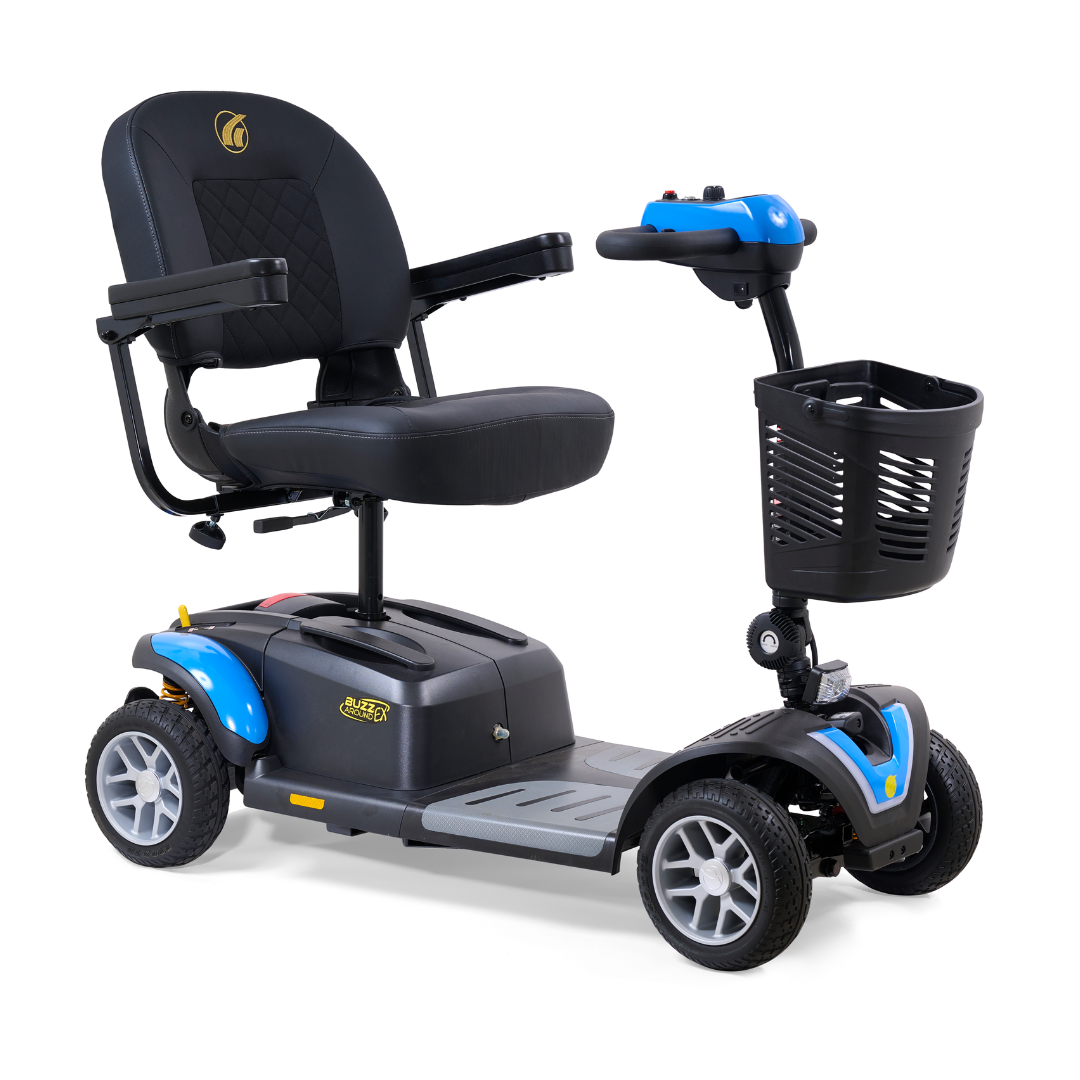 The Golden Tech GB148 Buzzaround EX Portable Mobility Scooter is a full-size, four-wheel scooter with a black seat and armrests, blue and black frame, front basket, and right-side control handles on the steering column.