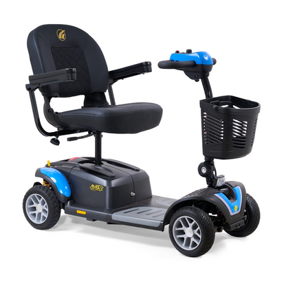 The Golden Tech GB148 Buzzaround EX Portable Mobility Scooter is a full-size, four-wheel scooter with a black seat and armrests, blue and black frame, front basket, and right-side control handles on the steering column.