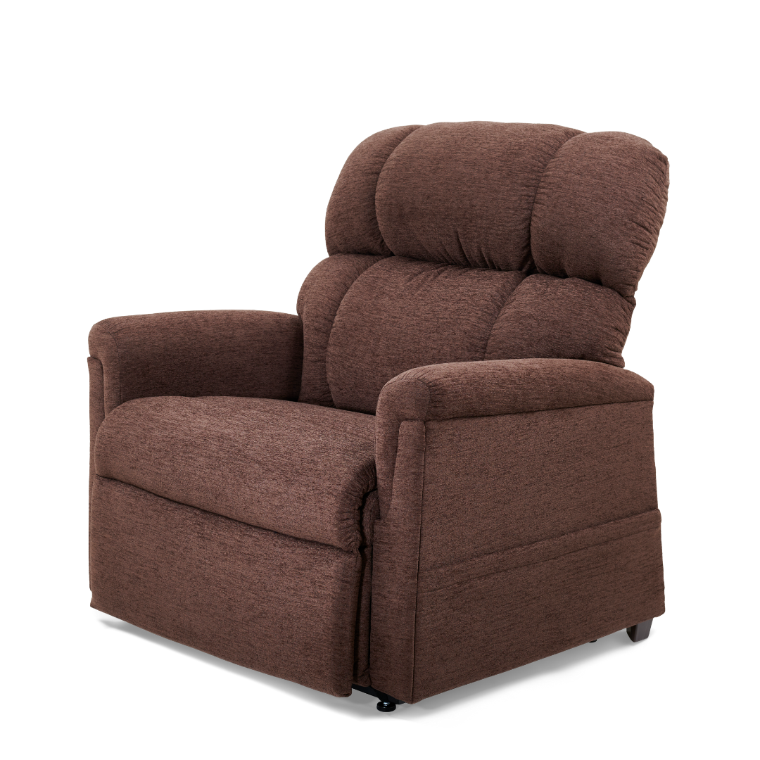 The Golden PR535 MaxiComfort Recliner with Lift Assist - Medium offers plush cushions, padded armrests, ergonomic support, and a smooth seat. Its high back and MaxiComfort Positioning provide a truly relaxing experience.