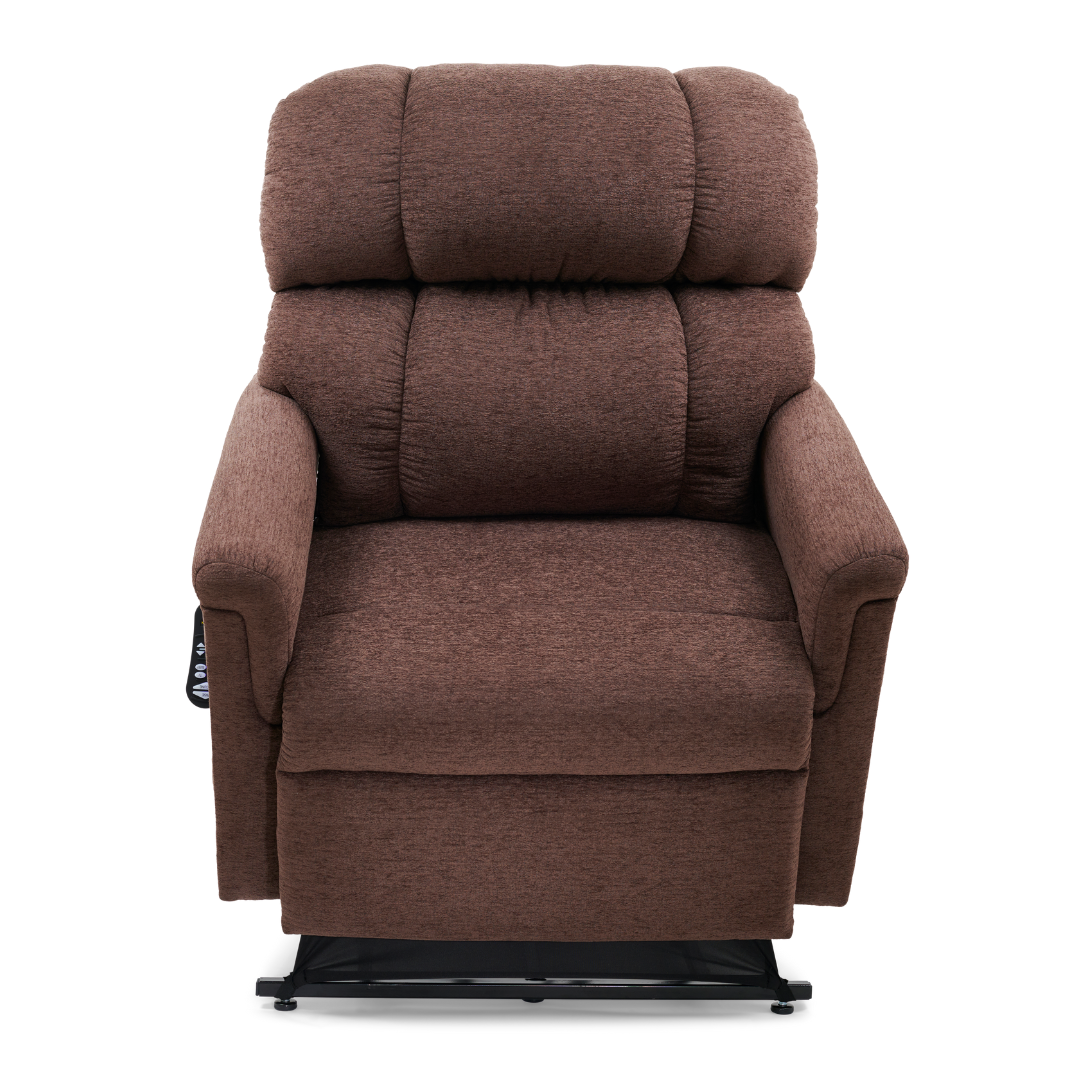 The Golden PR535 MaxiComfort Recliner w/ Lift Assist - Medium from the Comforter Series offers ultimate relaxation with its plush brown design, cushioned armrests, and back. It features MaxiComfort Positioning and ergonomic support with an adjustable side control panel against a white background.