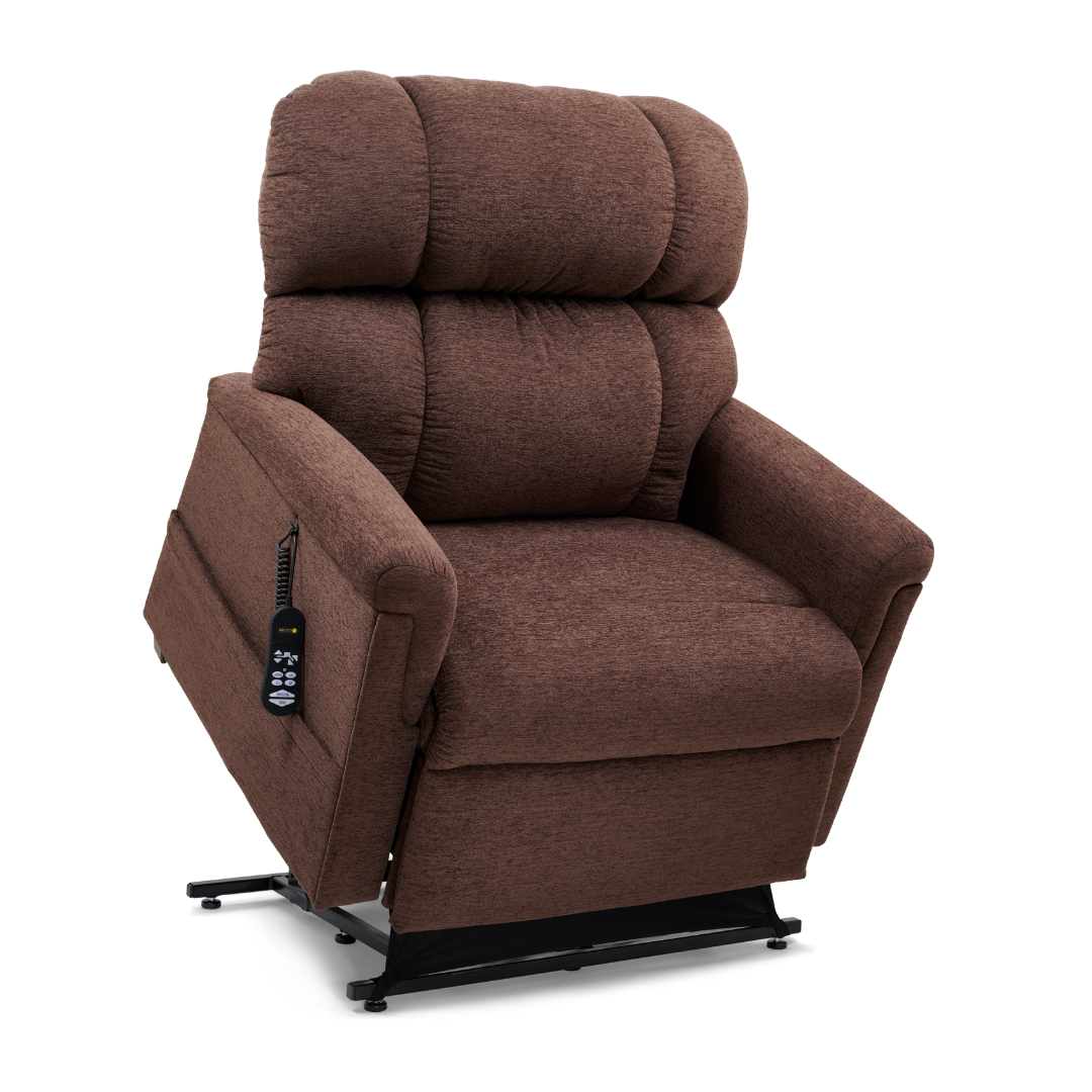 The Golden PR535 MaxiComfort Recliner, Medium, features brown textured upholstery and ergonomic support with a padded backrest. Its part of the Comforter Series and includes armrests and a remote for customizable MaxiComfort Positioning, offering slightly reclined elevation.