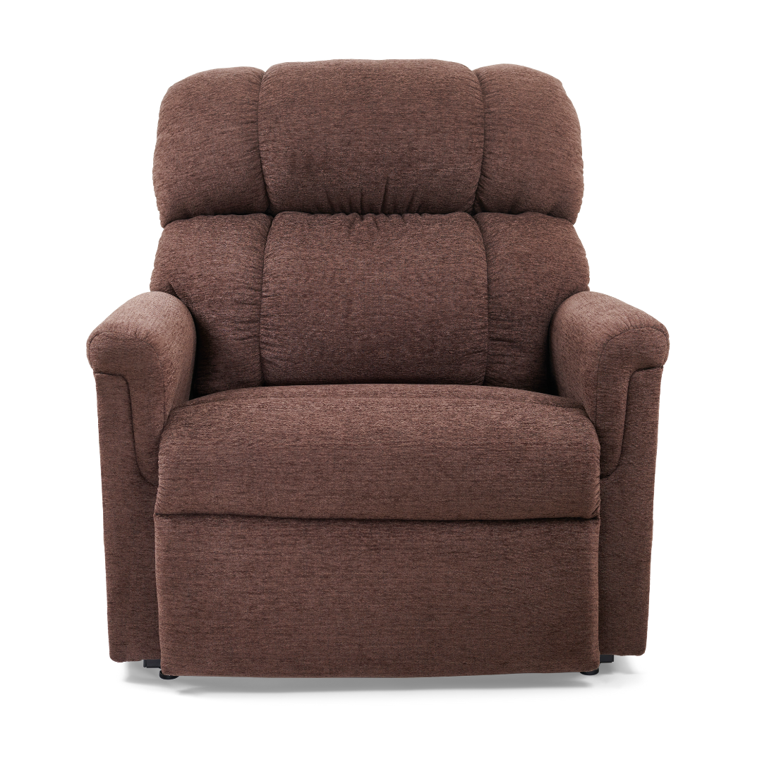 Introducing the Golden PR535 MaxiComfort Recliner w/ Lift Assist - Medium: a plush, ergonomic brown recliner from the Comforter Series. It features a cushioned backrest and armrests, upholstered in textured fabric with MaxiComfort Positioning against a white backdrop for ultimate relaxation.
