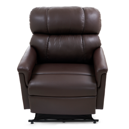 The Golden Tech PR535 MaxiComfort Recliner w/ Lift Assist is a large, dark brown leather chair with plush armrests, a high padded backrest, and ergonomic support, designed for ultimate relaxation and easy front access.