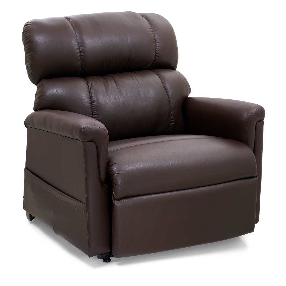 The Golden PR535 MaxiComfort Recliner, dark brown leather with a smooth, slightly shiny finish, offers ergonomic support with cushioned armrests and a high backrest. Set against a plain white background, it’s part of the Comforter Series with lift assist in medium size.
