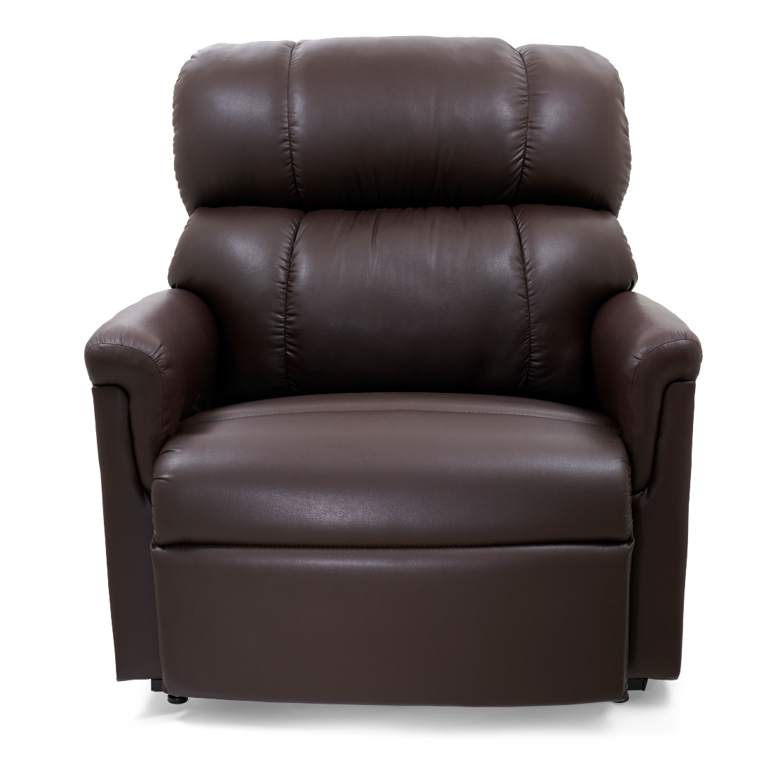 The Golden Tech PR535 MaxiComfort Recliner with Lift Assist is a large brown leather armchair featuring wide armrests, a high back, and ergonomic support, photographed against a plain white background.