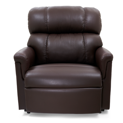 The Golden Tech PR535 MaxiComfort Recliner with Lift Assist is a large brown leather armchair featuring wide armrests, a high back, and ergonomic support, photographed against a plain white background.