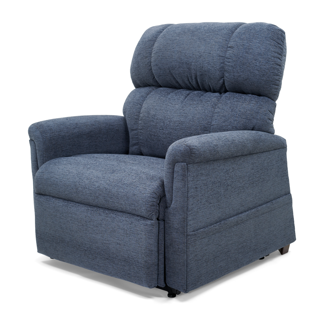 The Golden PR535 MaxiComfort Recliner w/ Lift Assist - Medium is a plush blue chair from the Comforter Series, featuring a high cushioned backrest and armrests with MaxiComfort Positioning for ergonomic support. Its simple design sits comfortably on a flat surface against a white background.