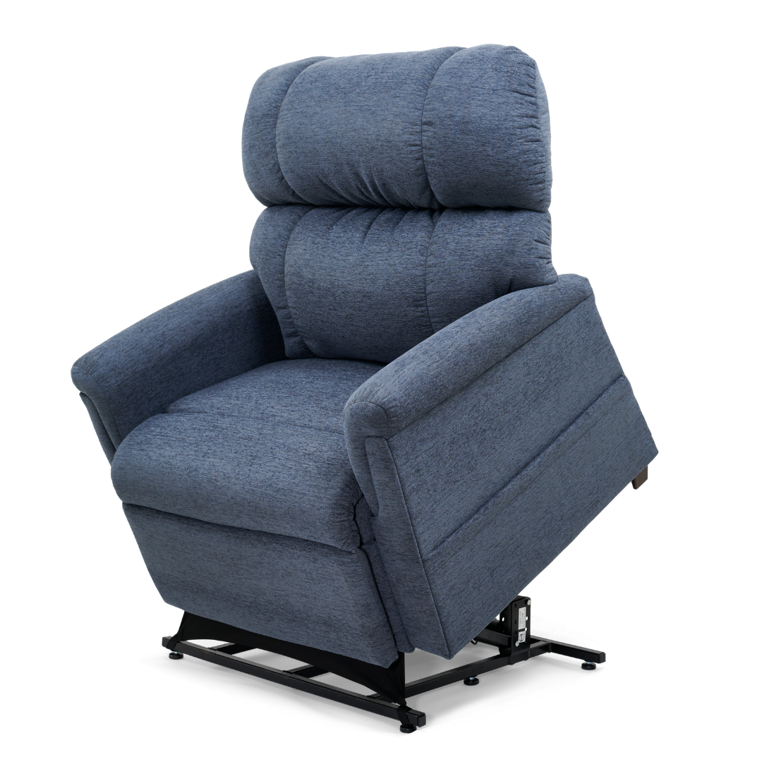 The Golden PR535 MaxiComfort Recliner w/ Lift Assist - Medium features ergonomic support with padded back and armrests, a metal base, and a blue upholstery. It showcases its MaxiComfort Positioning mechanism in mid-recline for ultimate comfort.