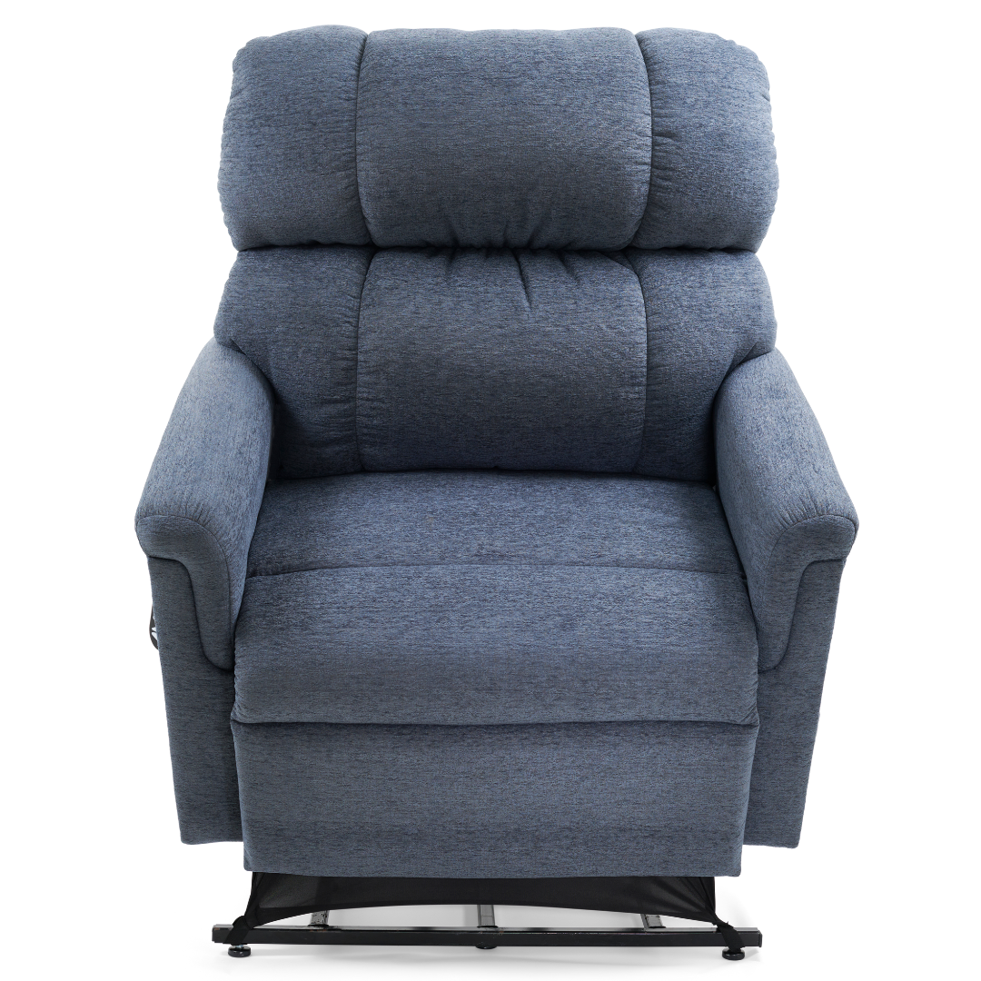 The Golden PR535 MaxiComfort Recliner w/ Lift Assist - Medium features a high backrest and padded armrests, wrapped in soft blue fabric. Ergonomically designed, this recliner is shown in a fully upright position for optimal comfort.
