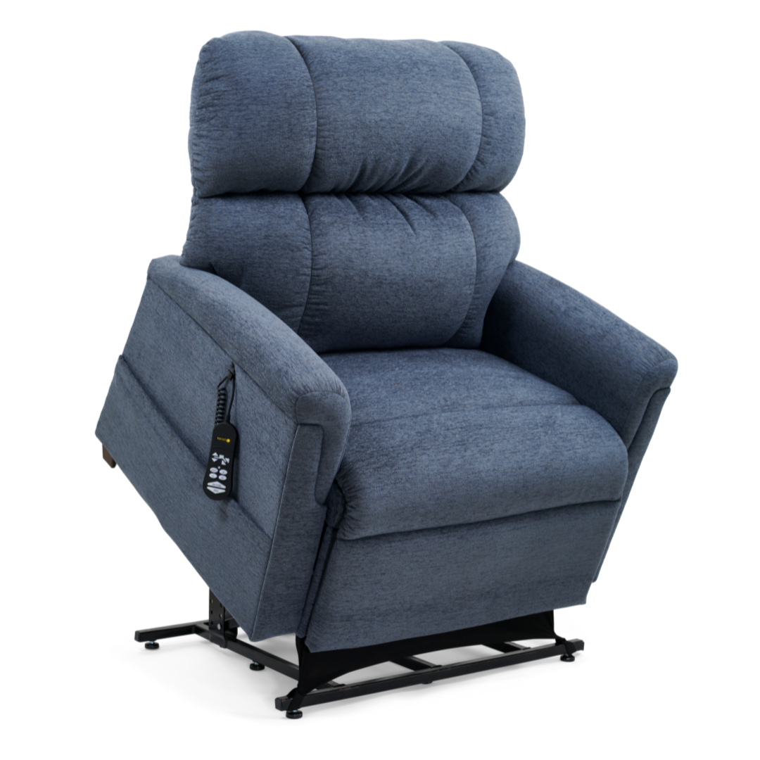 The Golden PR535 MaxiComfort Recliner w/ Lift Assist - Medium features a plush blue design with ergonomic support, a cushioned backrest, and MaxiComfort Positioning. A left-side remote control allows for seamless adjustments, revealing the lifting mechanism in its partially elevated position.