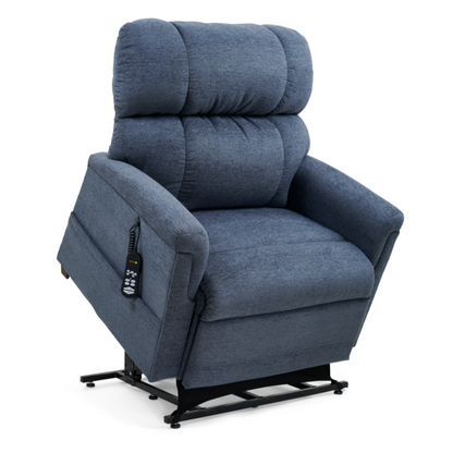 The Golden PR535 MaxiComfort Recliner w/ Lift Assist - Medium features a plush blue design with ergonomic support, a cushioned backrest, and MaxiComfort Positioning. A left-side remote control allows for seamless adjustments, revealing the lifting mechanism in its partially elevated position.