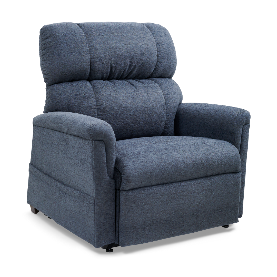 Explore the Golden PR535 MaxiComfort Recliner w/ Lift Assist - Medium, offering a high cushioned backrest, wide armrests, and ergonomic support. Its plush blue cover provides a cozy seating experience enhanced by MaxiComfort Positioning for ultimate relaxation.