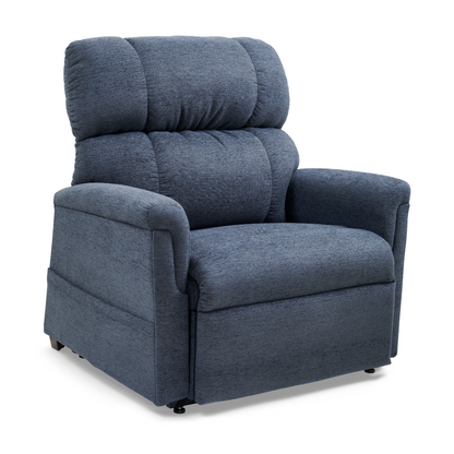 Explore the Golden PR535 MaxiComfort Recliner w/ Lift Assist - Medium, offering a high cushioned backrest, wide armrests, and ergonomic support. Its plush blue cover provides a cozy seating experience enhanced by MaxiComfort Positioning for ultimate relaxation.