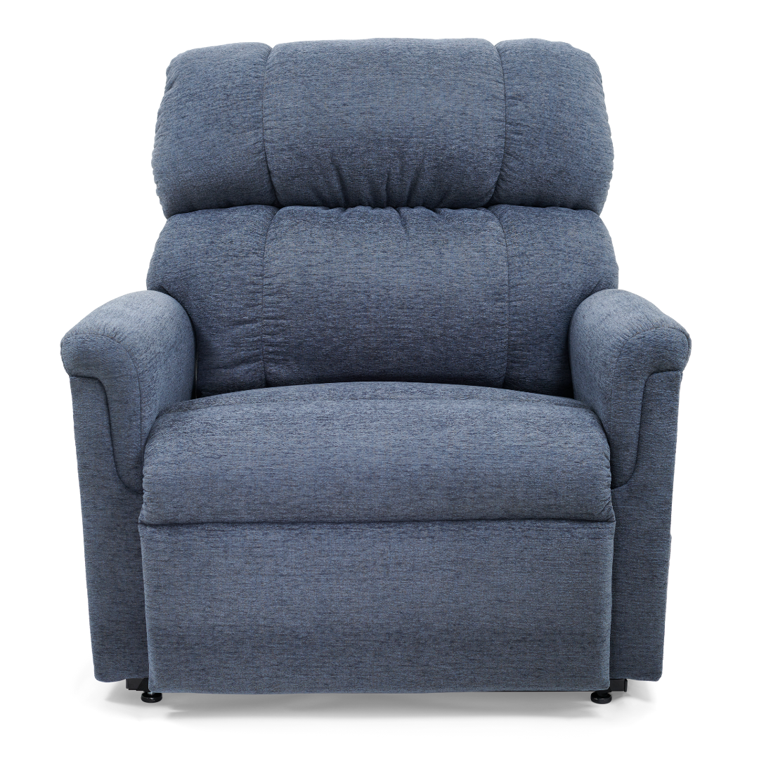 The Golden PR535 MaxiComfort Recliner w/ Lift Assist - Medium is displayed against a white background, showcasing its plush blue upholstery, ergonomic support with a cushioned backrest and armrests, made from subtle textured fabric.