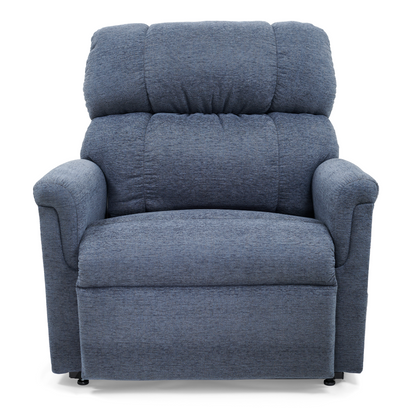 The Golden PR535 MaxiComfort Recliner w/ Lift Assist - Medium is displayed against a white background, showcasing its plush blue upholstery, ergonomic support with a cushioned backrest and armrests, made from subtle textured fabric.