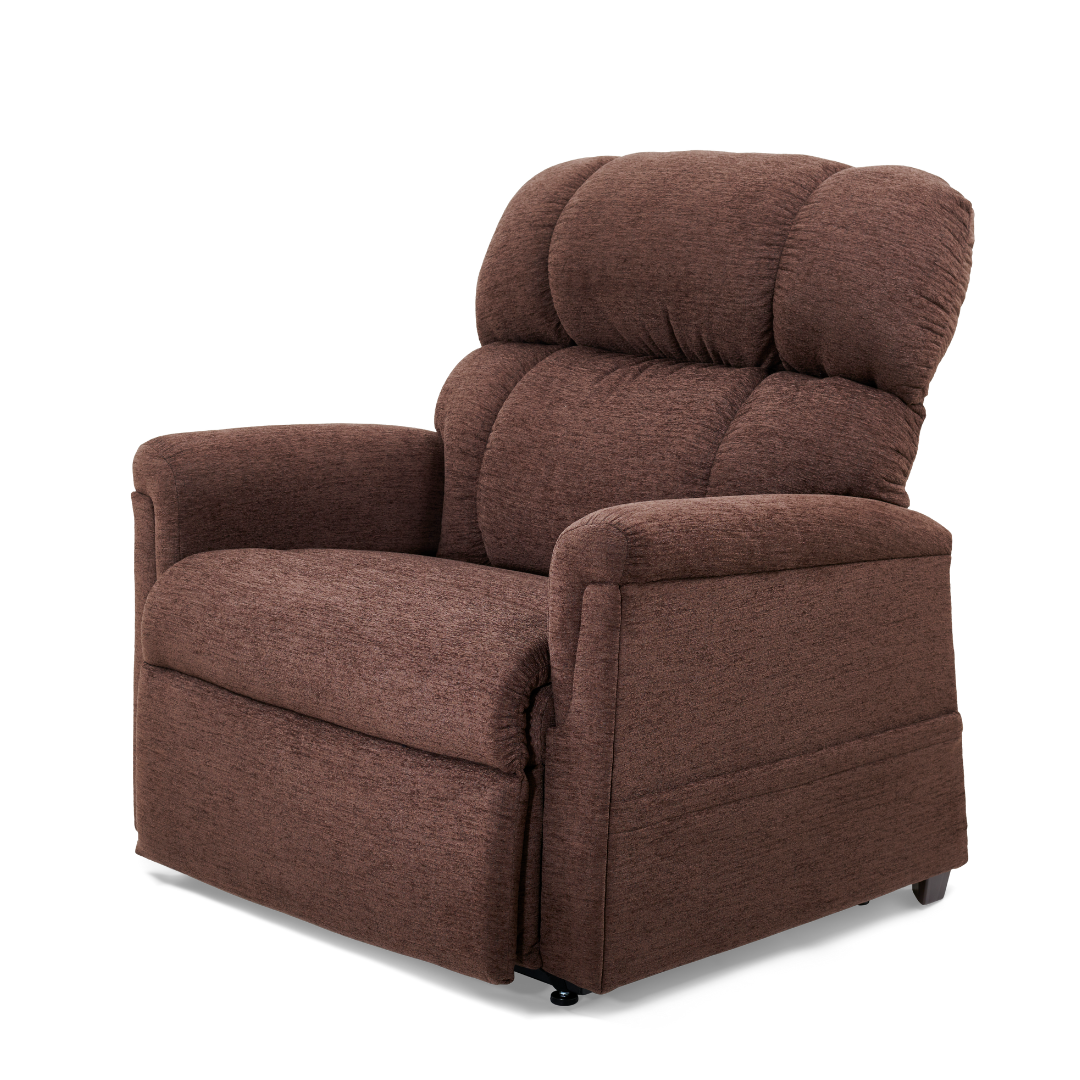 The Golden PR535 MaxiComfort Recliner offers cushioned armrests, ergonomic support, and a plush brown finish. Its textured fabric adds elegance, and its slightly left-angled position on a white background invites ultimate relaxation with lift assist.