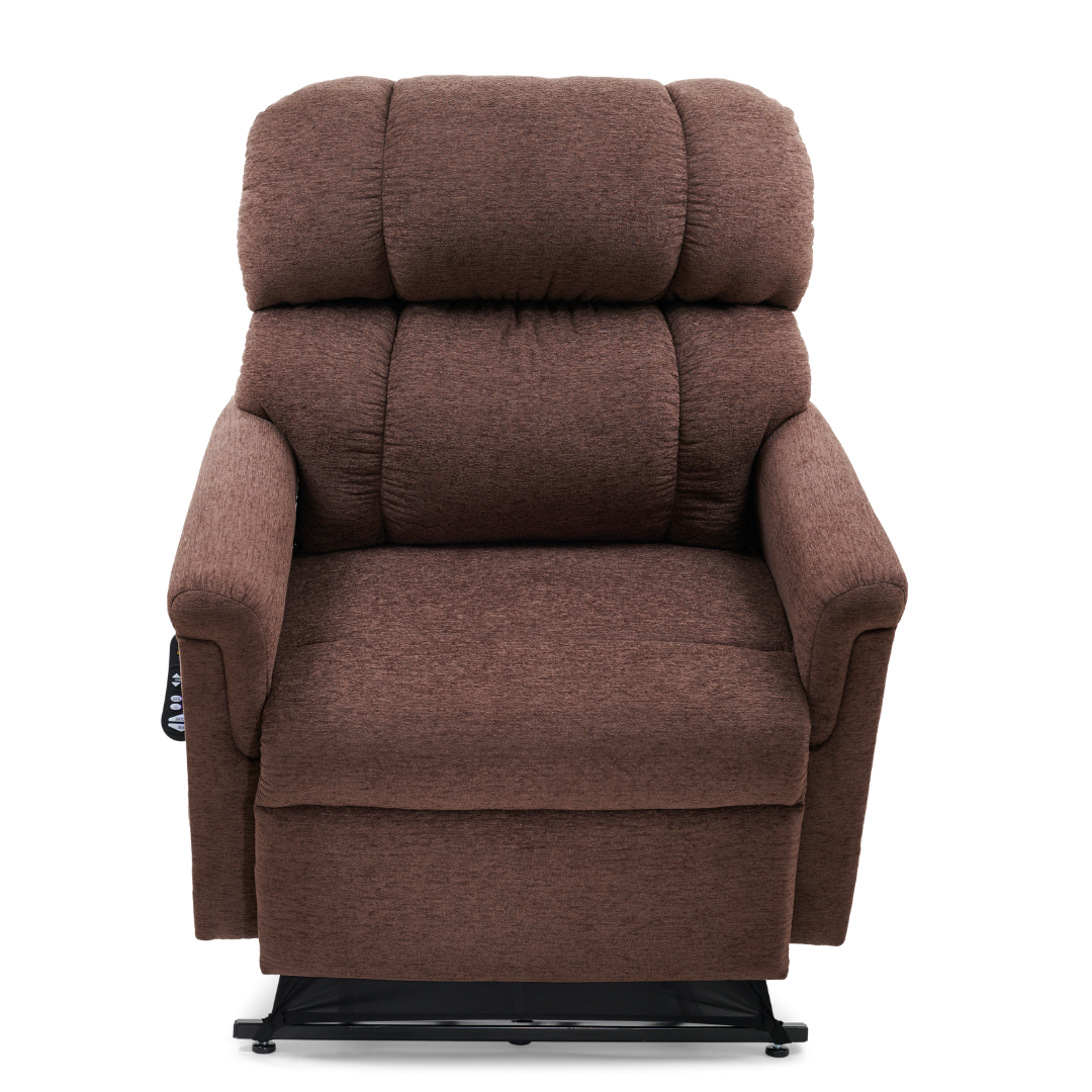The Golden PR535 MaxiComfort Recliner w/ Lift Assist - Medium, shown from the front, is a brown chair with soft fabric, padded armrests, and ergonomic support through MaxiComfort Positioning. A remote control with buttons is conveniently attached to the side.