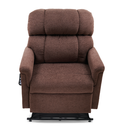 The Golden PR535 MaxiComfort Recliner w/ Lift Assist - Medium, shown from the front, is a brown chair with soft fabric, padded armrests, and ergonomic support through MaxiComfort Positioning. A remote control with buttons is conveniently attached to the side.
