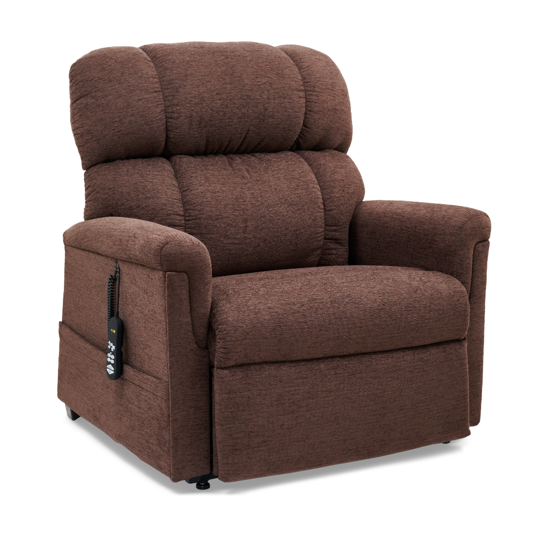 Introducing the Golden PR535 MaxiComfort Recliner w/ Lift Assist - Medium, this brown chair boasts thick cushions and an attached remote control for ergonomic support and plush comfort. Ideal for living rooms or lounges, enjoy ultimate relaxation with its MaxiComfort Positioning feature.