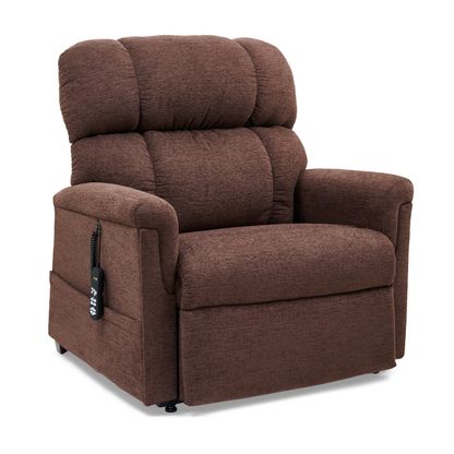 Introducing the Golden PR535 MaxiComfort Recliner w/ Lift Assist - Medium, this brown chair boasts thick cushions and an attached remote control for ergonomic support and plush comfort. Ideal for living rooms or lounges, enjoy ultimate relaxation with its MaxiComfort Positioning feature.
