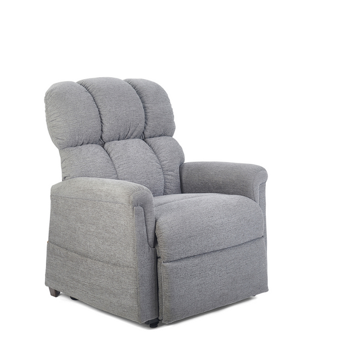 The Golden PR535 MaxiComfort Recliner with Lift Assist, Medium, features plush gray upholstery with tufted cushioning and wide armrests for ergonomic support. Its contemporary design offers unparalleled comfort, showcased against a plain white background from a slight angle.