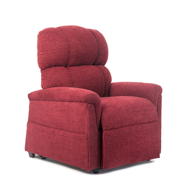 The Golden PR535 MaxiComfort Recliner, in a plush red finish with padded armrests and a high backrest, offers ergonomic support for ultimate relaxation. Its textured fabric adds comfort and appeal, while MaxiComfort Positioning ensures tailored ease. Positioned at an angle against a white backdrop.