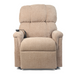 The Golden PR535 MaxiComfort Recliner in beige upholstery offers ergonomic support with padded arms and backrest. A control on a cord over the left armrest highlights its adjustable features. Positioned against a plain white background, it effortlessly blends style and comfort with lift assist.