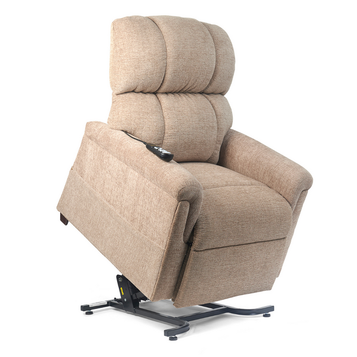 The Golden PR535 MaxiComfort Recliner w/ Lift Assist in beige textured fabric features ergonomic design, a plush three-section backrest, and a black remote on the armrest, sitting partially lifted with its base visible.