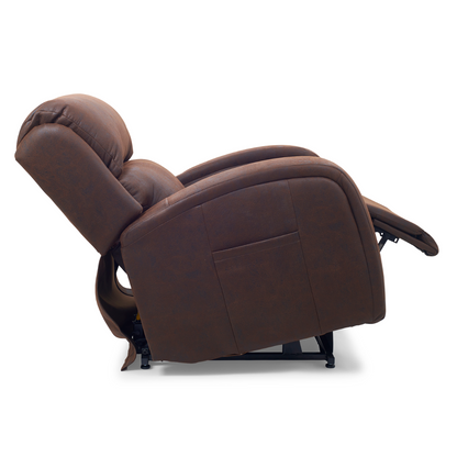 The Golden Tech PR761 EZ Sleeper Recliner with Lift Assist and Twilight Recline features a brown leather design with plush cushions, armrests, high back, and an outward-extending footrest for effortless relaxation.