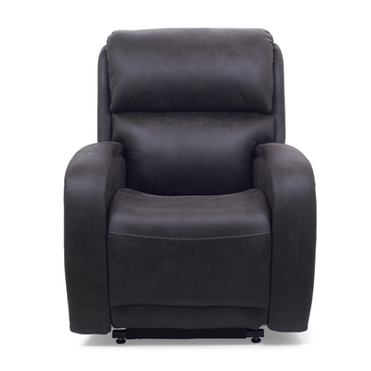 Front view of the Golden Tech PR761 EZ Sleeper Recliner in dark brown leather, featuring lift assist, twilight recline, and 5-Zone Comfort System for optimal relaxation, plush backrest and broad armrests set against a plain white background.