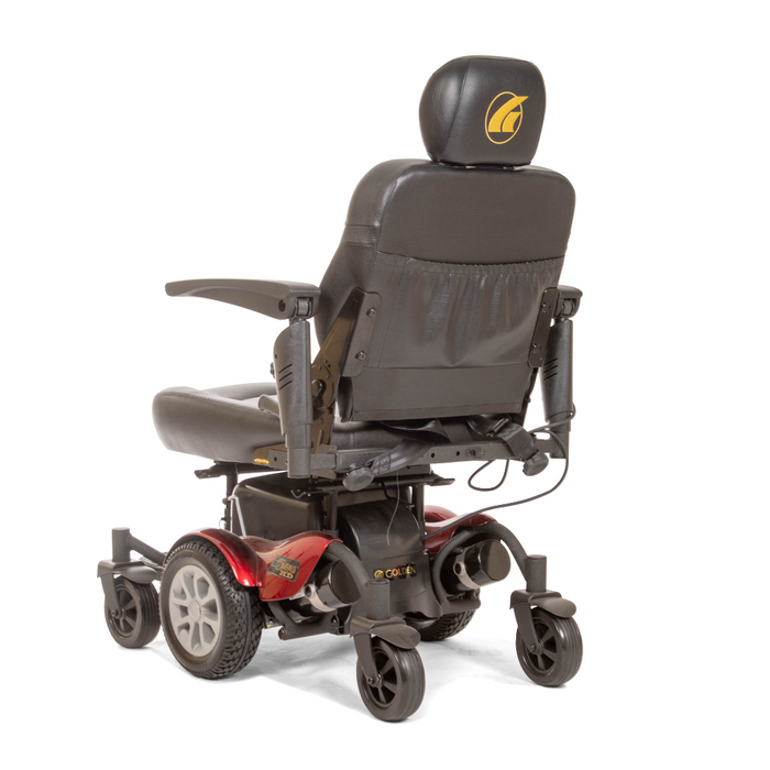The Golden Tech GP620 Compass HD Bariatric Electric Wheelchair in black and red features a cushioned seat, backrest with a yellow logo, armrests, large rear wheels, and smaller front wheels for effortless mobility against a plain white background.