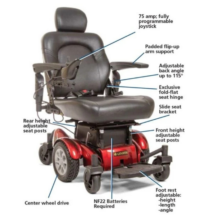 Image of a red Golden Tech GP620 Compass HD Bariatric Electric Wheelchair, featuring center-wheel drive, a fully programmable joystick, padded flip-up arm supports, adjustable back angle, fold-flat seat hinge, height-adjustable seat posts, and an adaptable footrest.