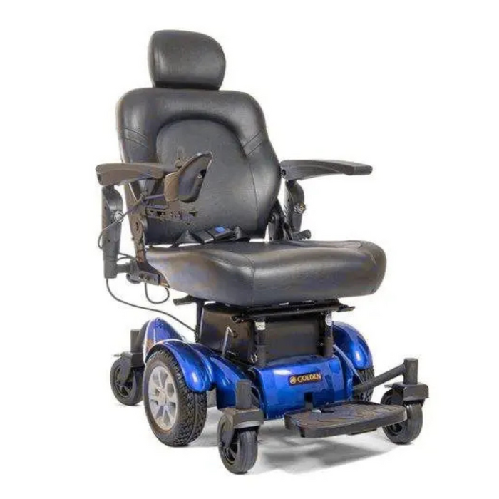 The Golden Tech GP620 Compass HD Bariatric Electric Wheelchair is a robust power chair featuring a black cushioned seat and backrest, armrests, footrests, and a durable blue base. With center-wheel drive on four wheels, it ensures excellent mobility and comfort.
