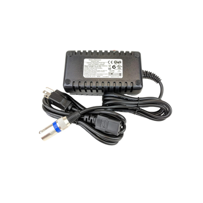 The Golden Tech 3.5 AMP Replacement Charger for Scooters & Power Chairs is a black off-board charger with a top label, standard two-prong plug, and metal connector with blue ring—perfect for mobility devices. Pictured on a white background.
