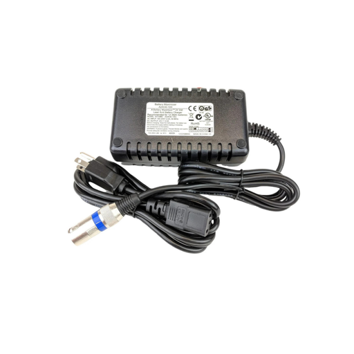 The Golden Tech 3.5 AMP Replacement Charger for Scooters & Power Chairs is a black off-board charger with a top label, standard two-prong plug, and metal connector with blue ring—perfect for mobility devices. Pictured on a white background.