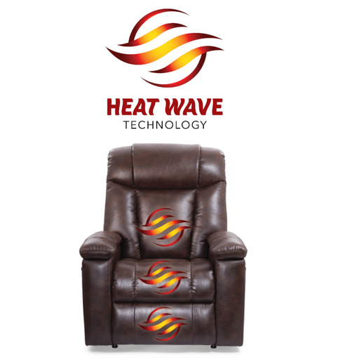 A Golden Technologies lift chair, featuring brown leather and adorned with red and orange wavy symbols for heating functions, showcases HeatWave Technology for soothing Far Infrared heat therapy.