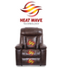 A Golden Technologies lift chair, featuring brown leather and adorned with red and orange wavy symbols for heating functions, showcases HeatWave Technology for soothing Far Infrared heat therapy.