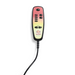 A handheld electronic controller with a bottom cord features black buttons labeled Heat Control and Timer. The red and yellow gradient faceplate, enhanced by HeatWave Technology, showcases the brand Golden Technologies Lift Chair Upgrades.