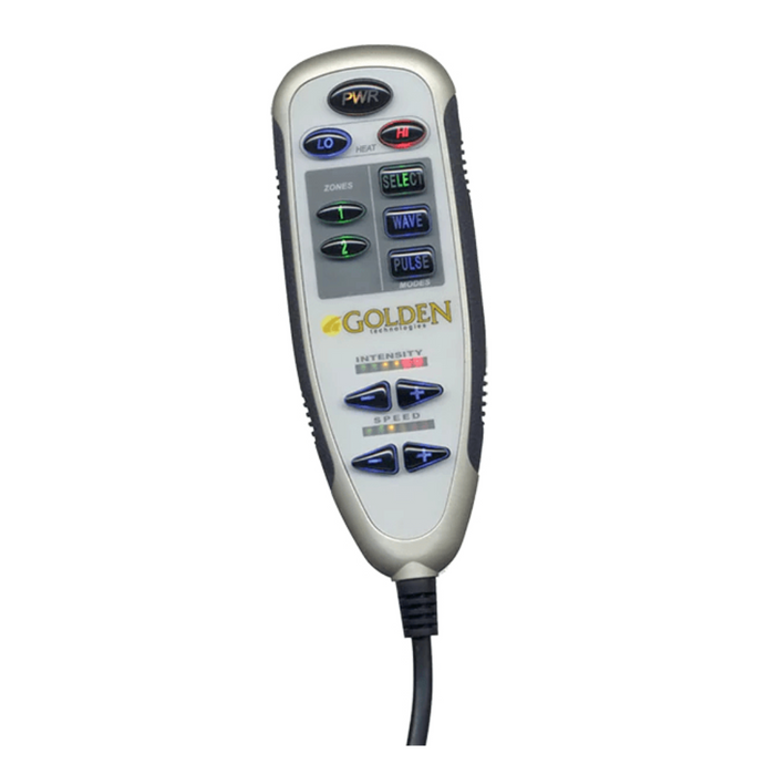 The Golden Technologies Lift Chair Upgrades remote control offers power, zone controls, and HeatWave™ Technology. Its gray and silver design with a black cord makes it perfect for far infrared heat therapy in Golden lift chairs.