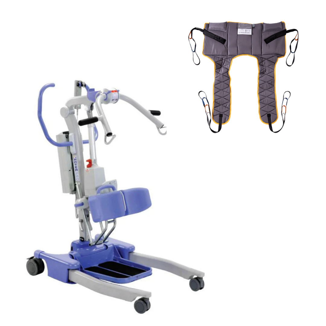 The Joerns Hoyer Journey® Sit-To-Stand Folding Electric Patient Lift with wheels and padded supports is shown next to a gray patient sling featuring black straps, orange trim, and an adjustable sling attachment cradle.